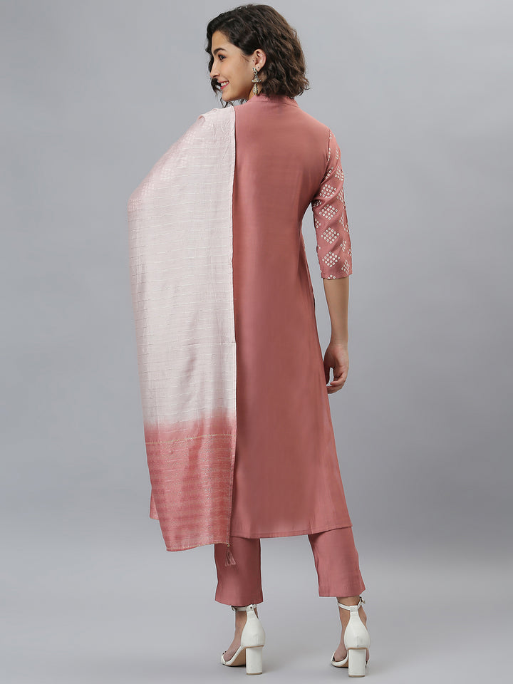 Pink Poly Silk Bandhani Printed Kurta with Pant and Dupatta