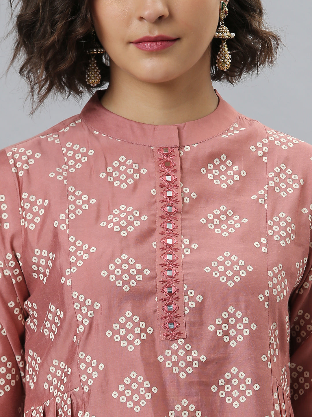 Pink Poly Silk Bandhani Printed Kurta with Pant and Dupatta