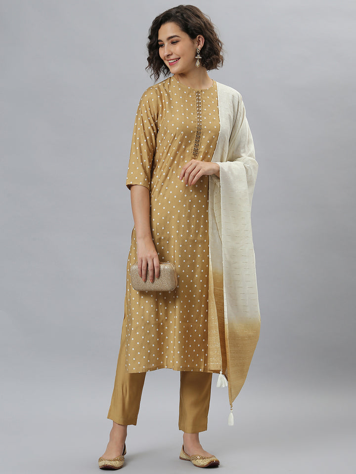 Gold Poly Silk Bandhani Printed Kurta with Pant and Dupatta