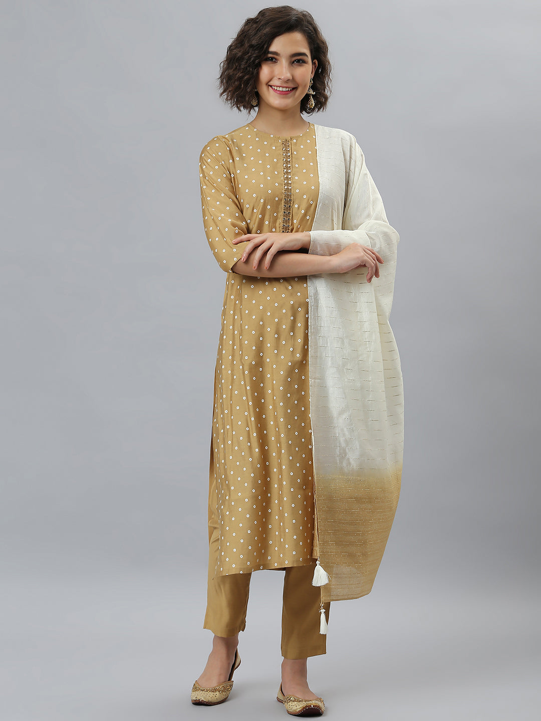 Gold Poly Silk Bandhani Printed Kurta with Pant and Dupatta