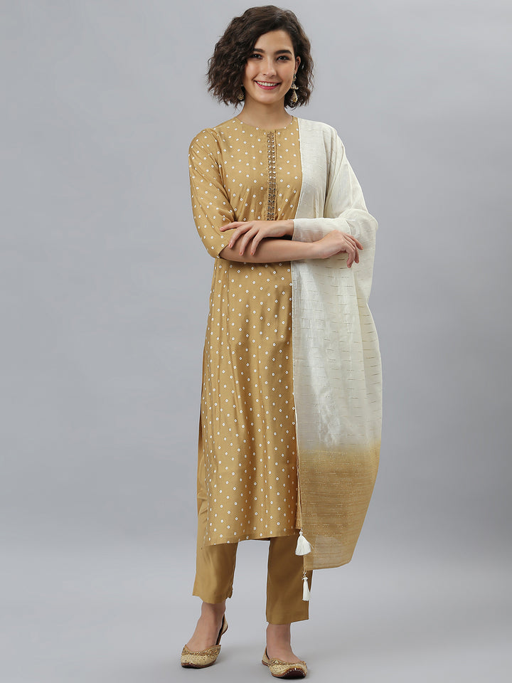 Gold Poly Silk Bandhani Printed Kurta with Pant and Dupatta