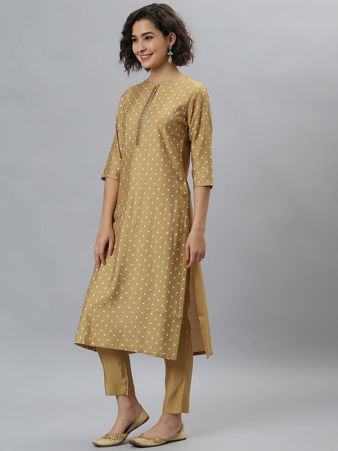 Gold Poly Silk Bandhani Printed Kurta with Pant and Dupatta