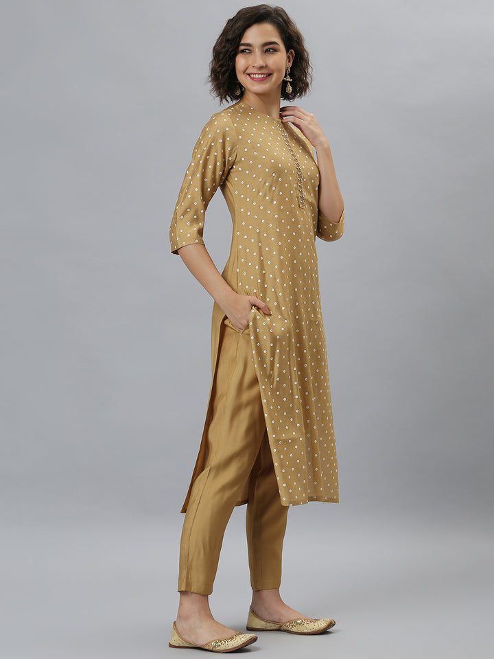 Gold Poly Silk Bandhani Printed Kurta with Pant and Dupatta