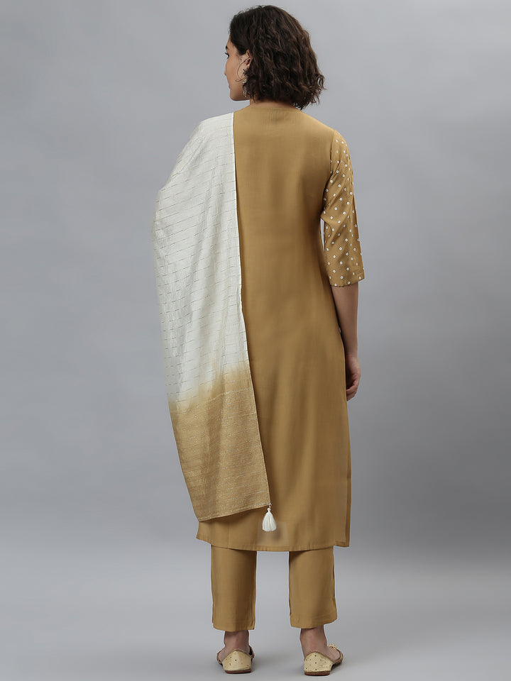 Gold Poly Silk Bandhani Printed Kurta with Pant and Dupatta