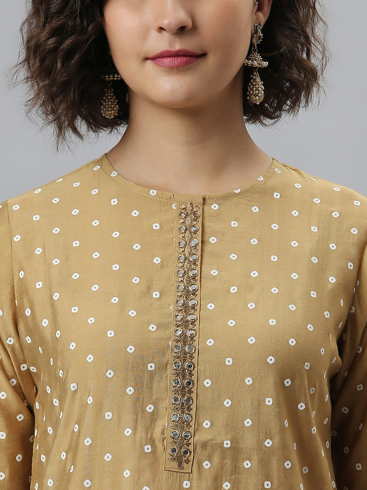 Gold Poly Silk Bandhani Printed Kurta with Pant and Dupatta