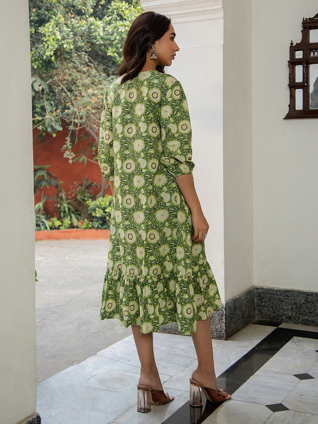 Green-Cotton-Floral-Printed-V-Neck-Dress