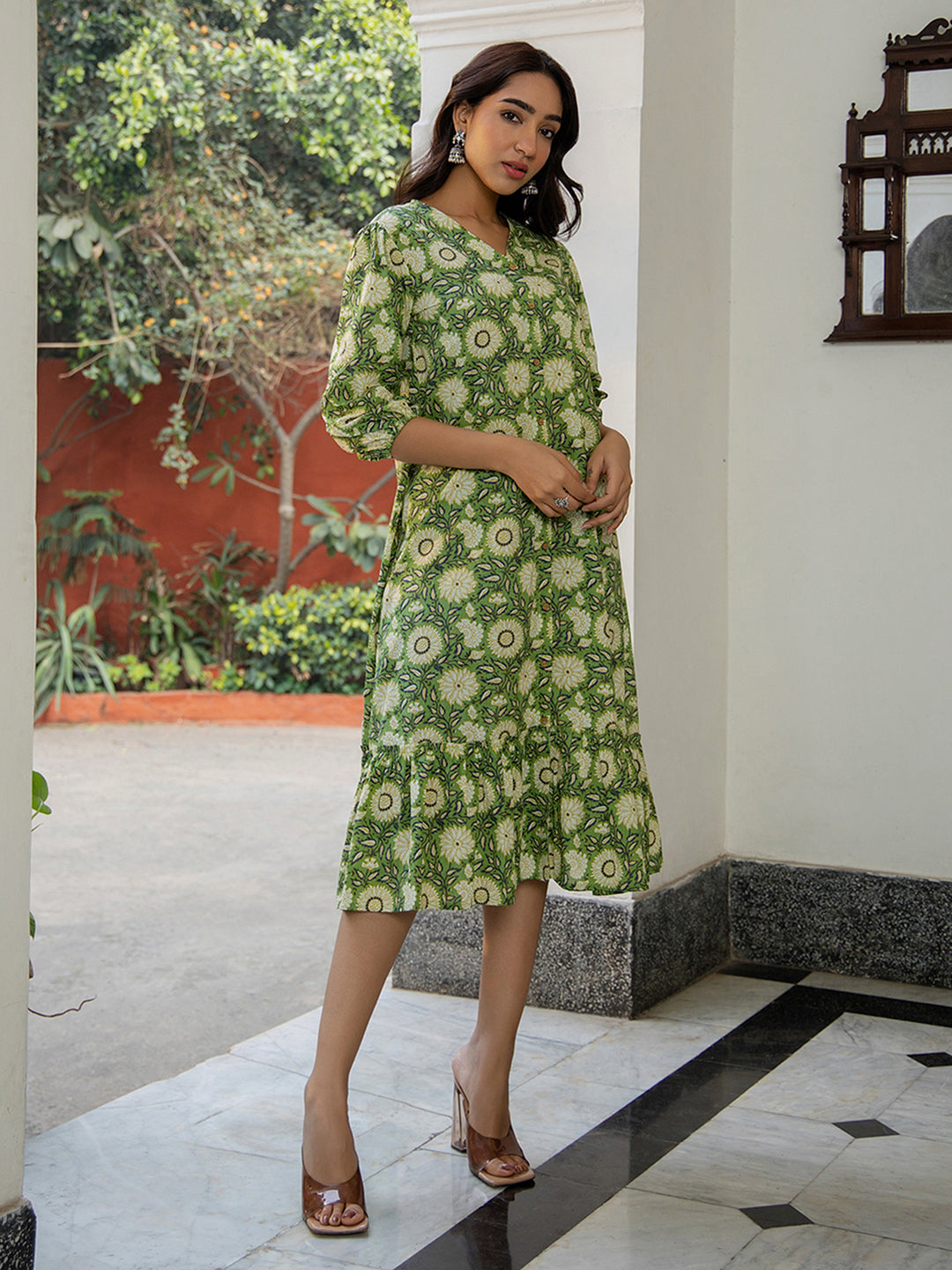 Green-Cotton-Floral-Printed-V-Neck-Dress