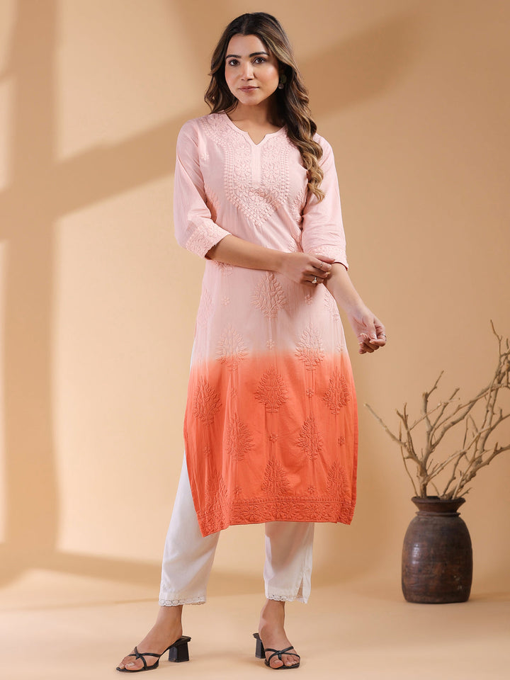 Peach Ombre Chikankari Cotton Kurta Only