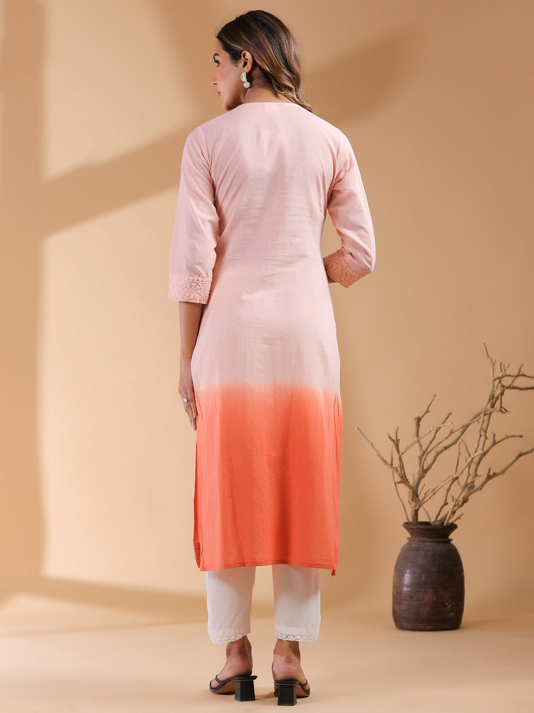 Peach Ombre Chikankari Cotton Kurta Only