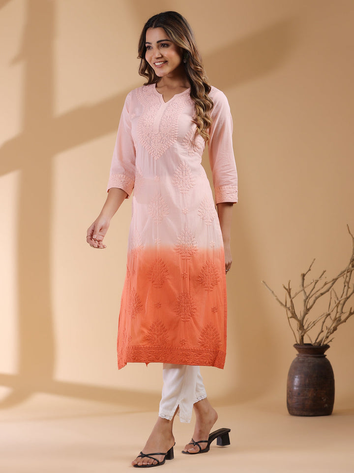 Peach Ombre Chikankari Cotton Kurta Only