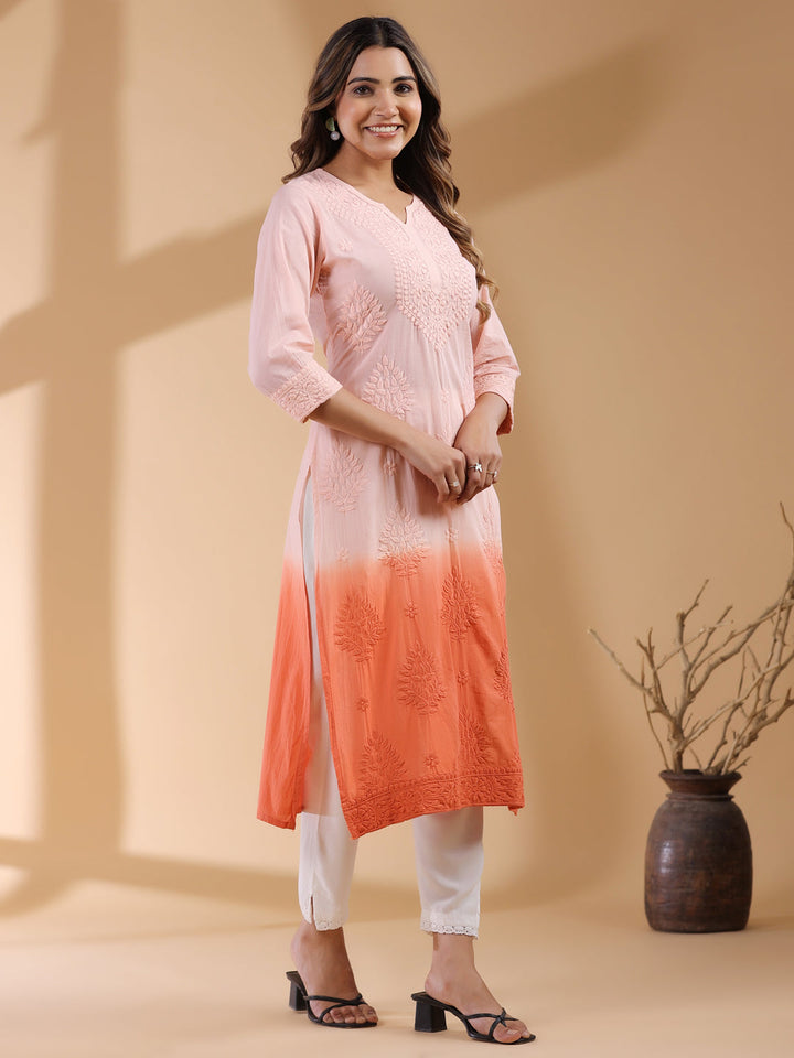 Peach Ombre Chikankari Cotton Kurta Only