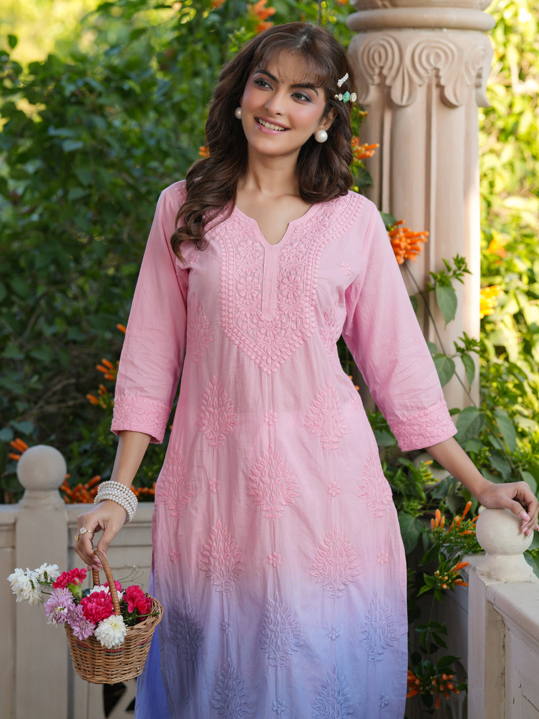 Baby Pink Ombre Chikankari Cotton Kurta Only