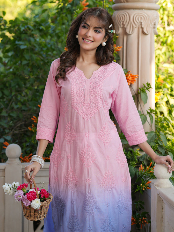 Baby Pink Ombre Chikankari Cotton Kurta Only