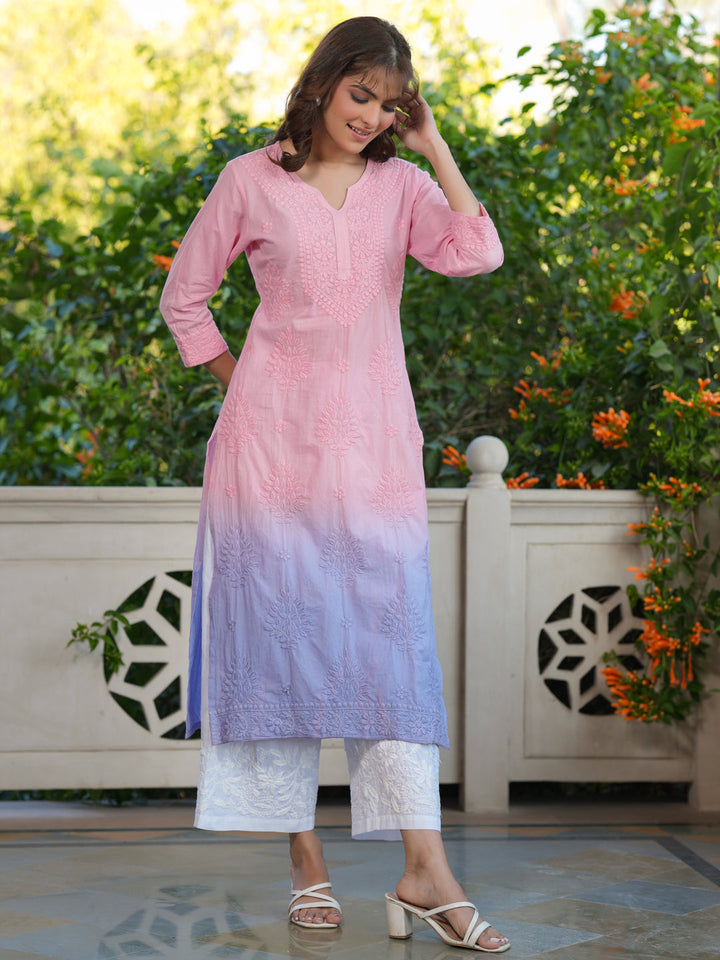 Baby Pink Ombre Chikankari Cotton Kurta Only