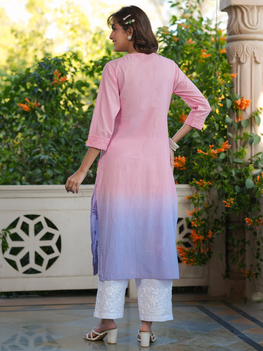 Baby Pink Ombre Chikankari Cotton Kurta Only