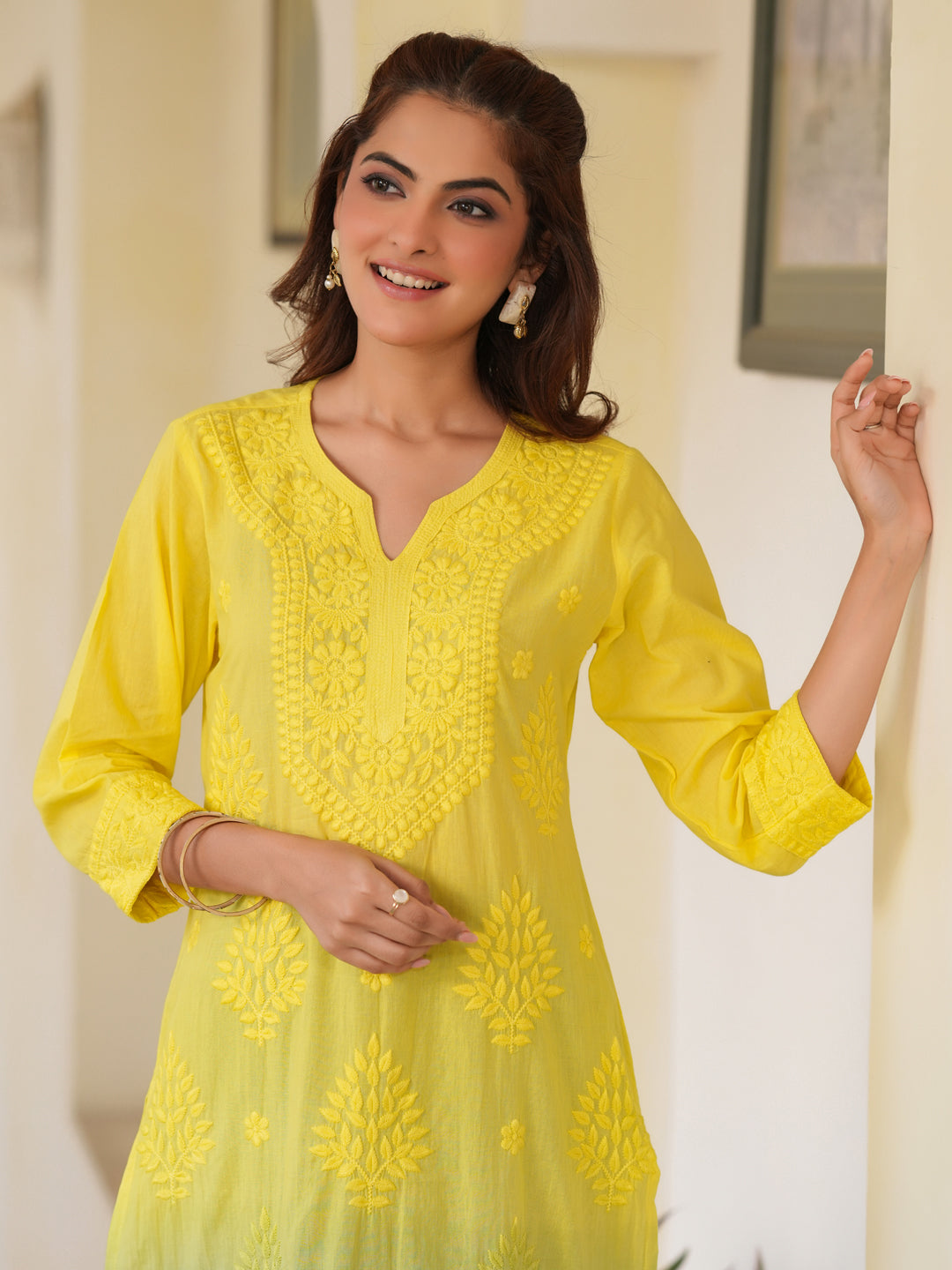 Lime Yellow Ombre Chikankari Cotton Kurta Only