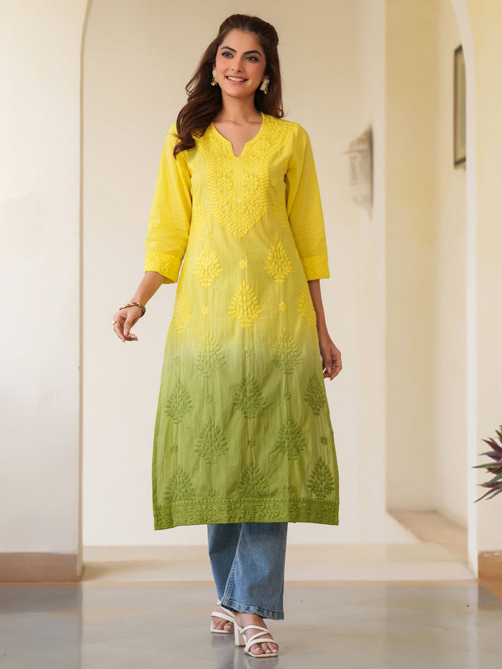 Lime Yellow Ombre Chikankari Cotton Kurta Only