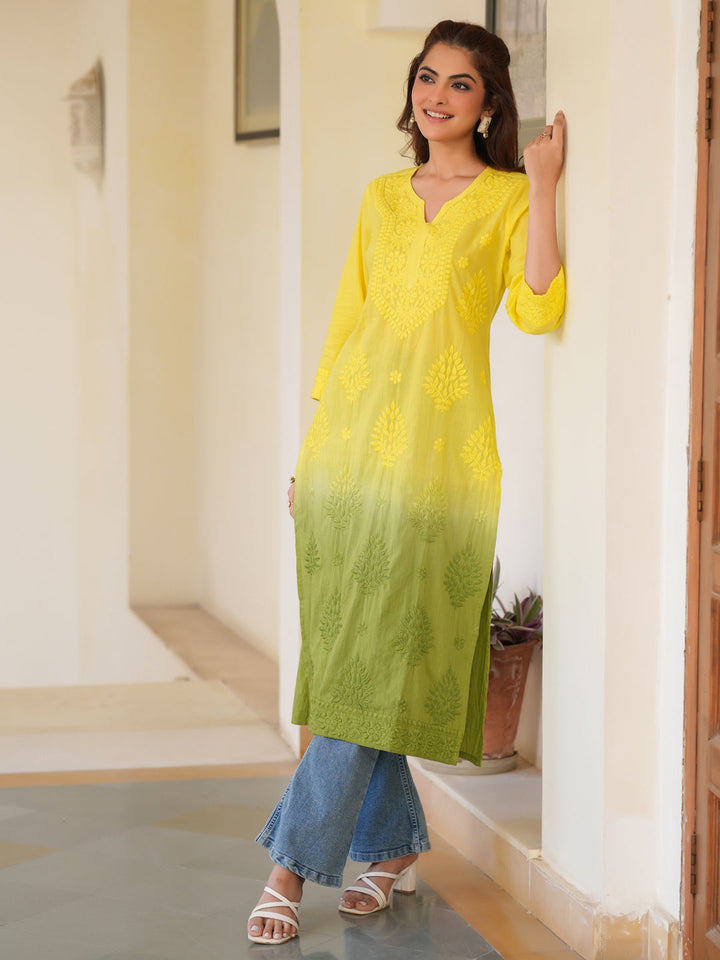 Lime Yellow Ombre Chikankari Cotton Kurta Only