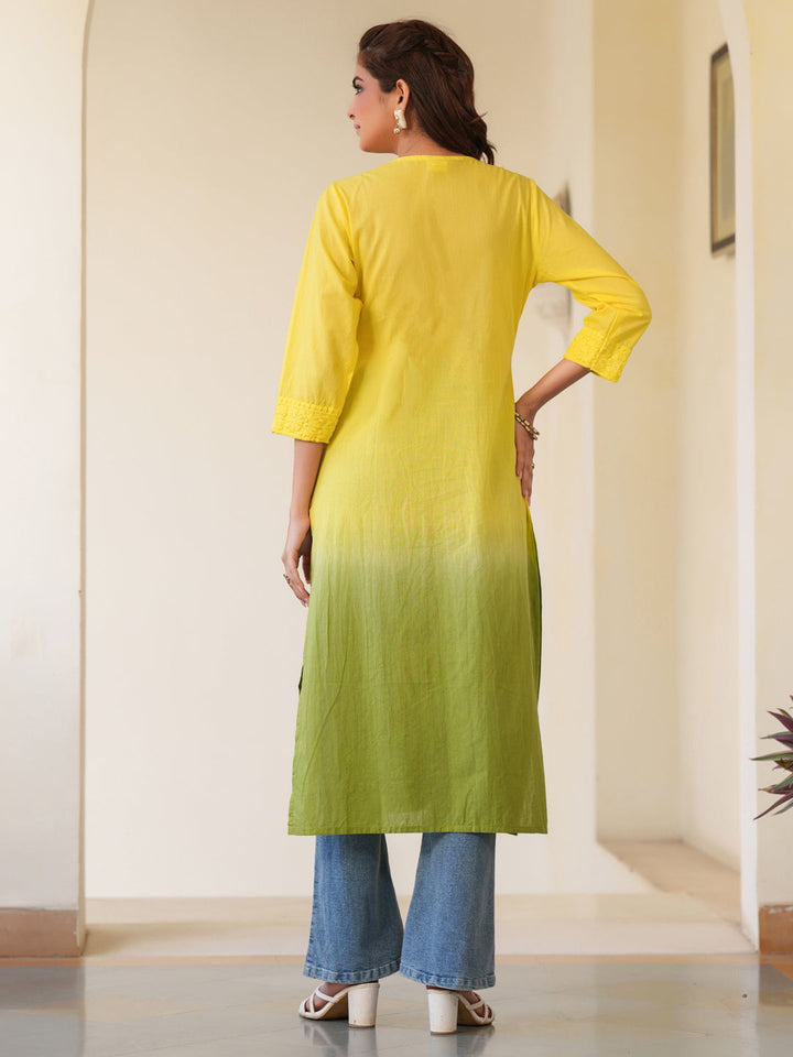 Lime Yellow Ombre Chikankari Cotton Kurta Only