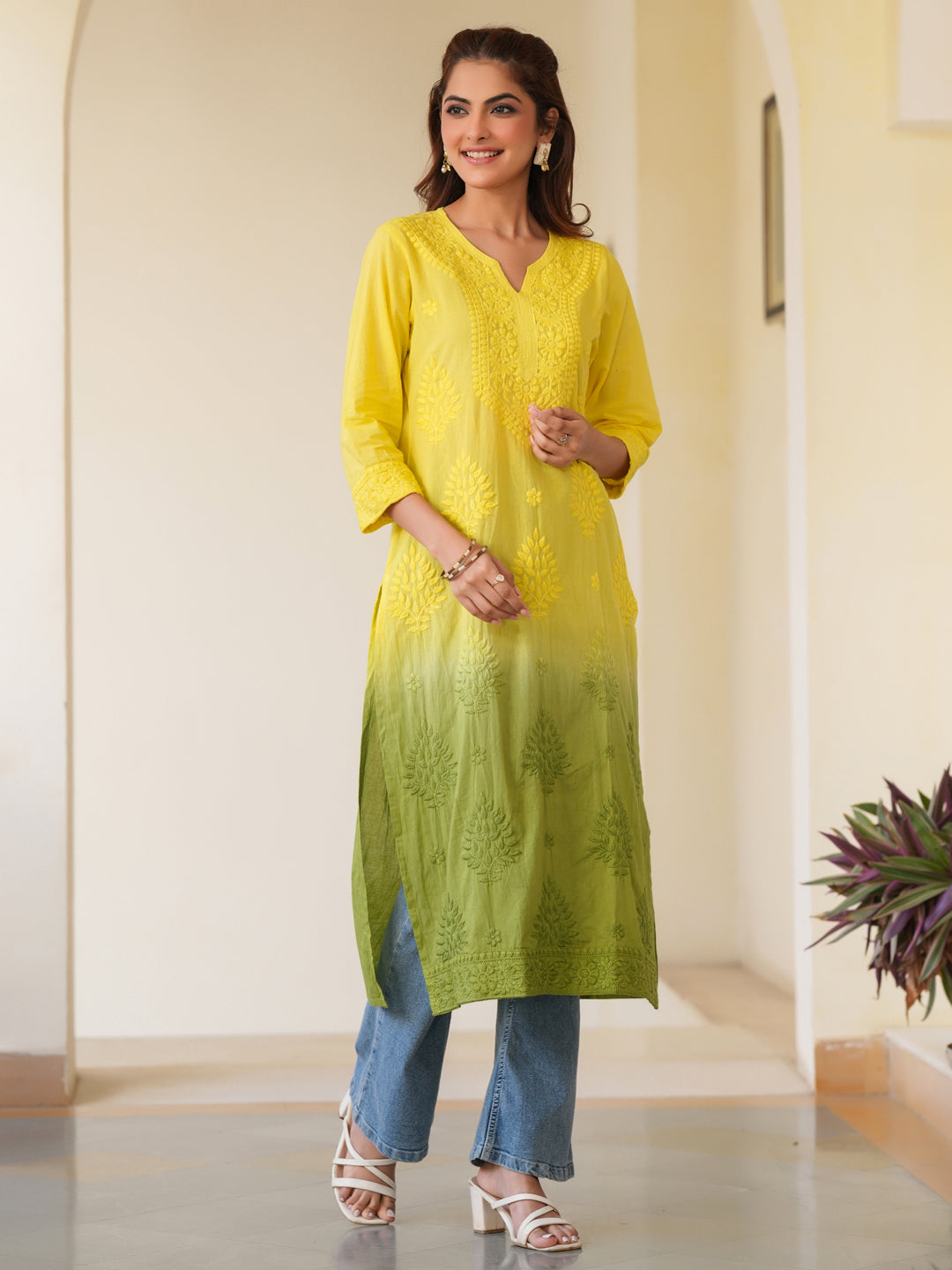 Lime Yellow Ombre Chikankari Cotton Kurta Only