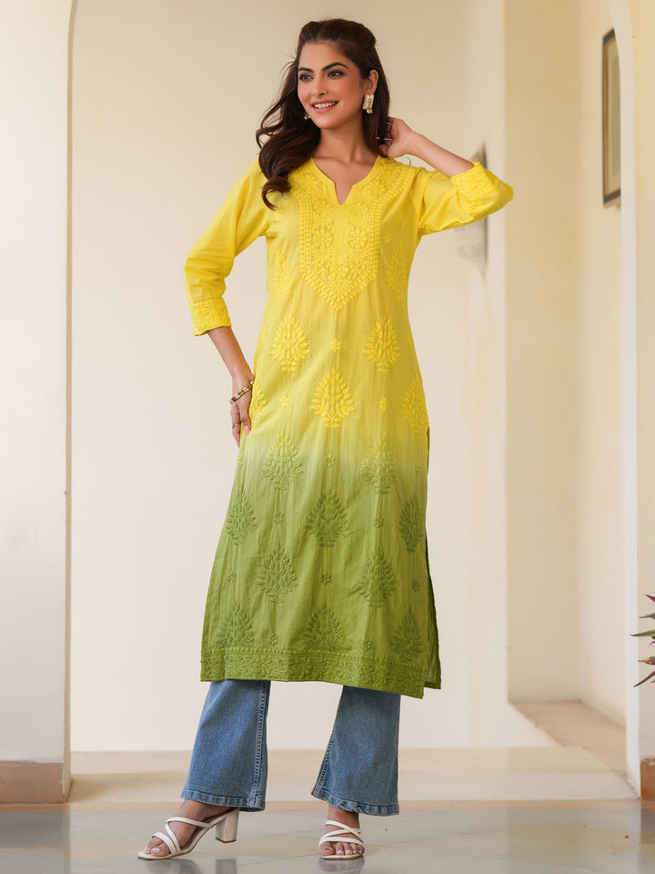 Lime Yellow Ombre Chikankari Cotton Kurta Only