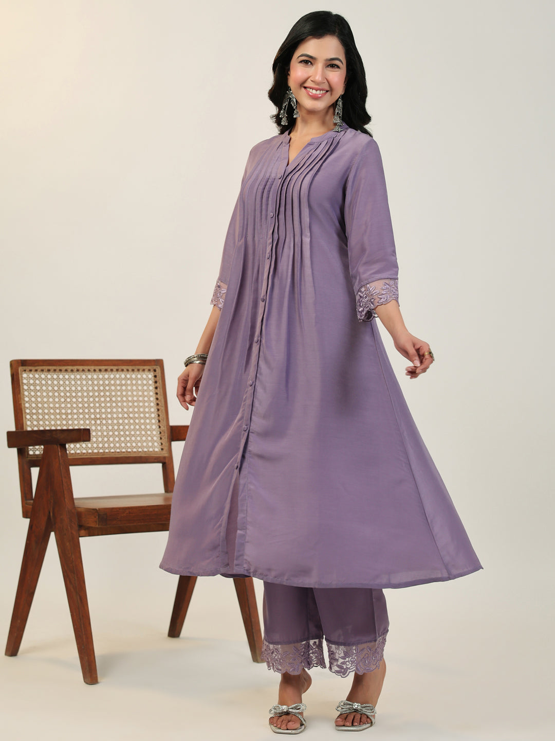 Lavender Muslin Pleated A-Line Kurta Set