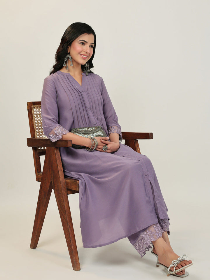 Lavender Muslin Pleated A-Line Kurta Set