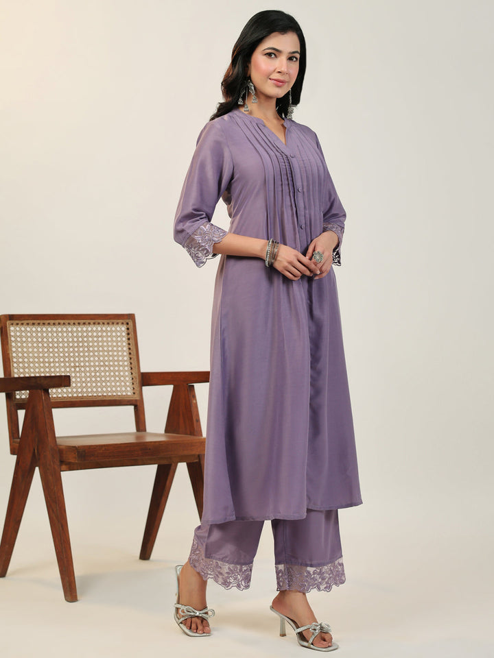 Lavender Muslin Pleated A-Line Kurta Set