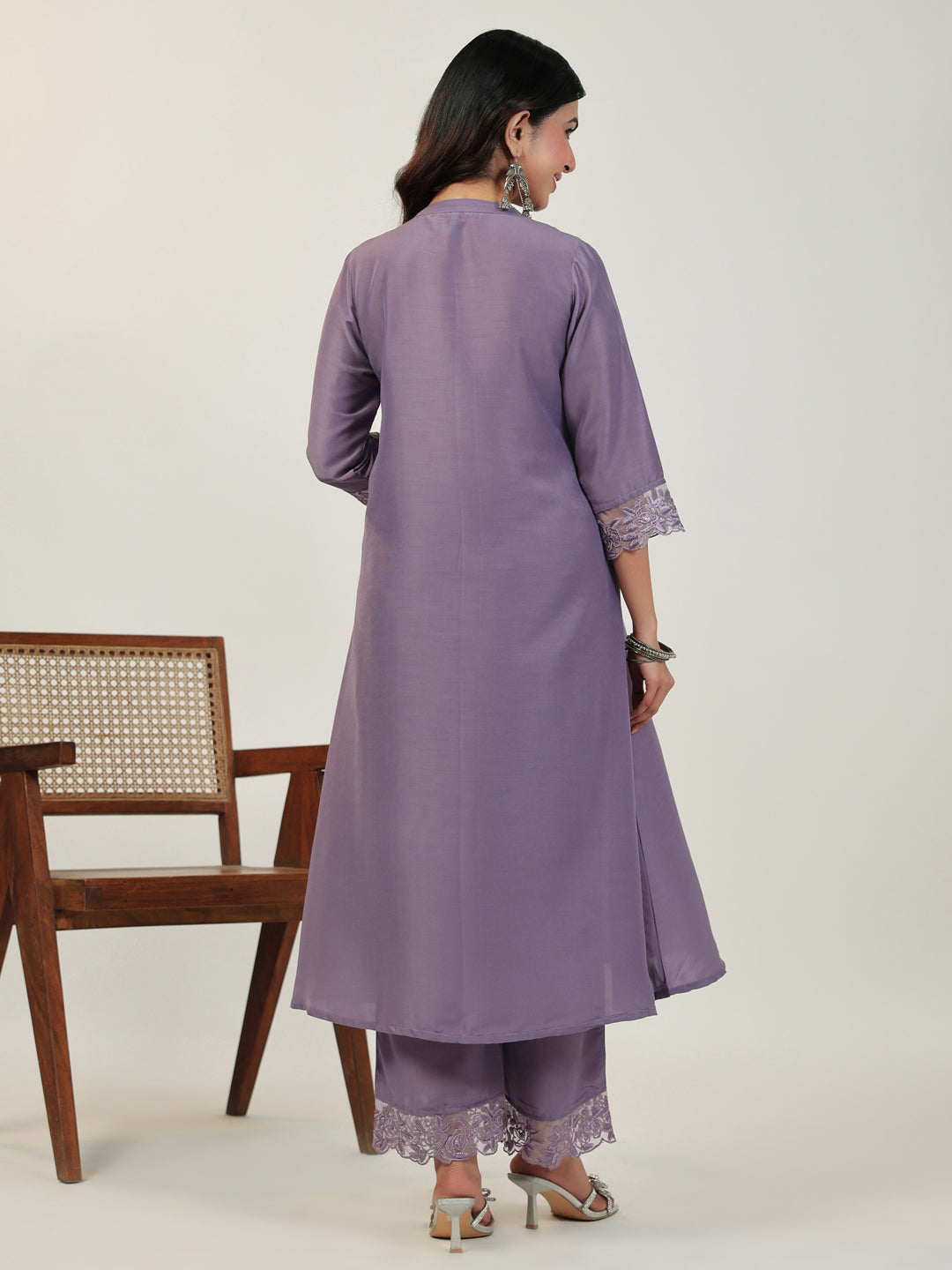 Lavender Muslin Pleated A-Line Kurta Set