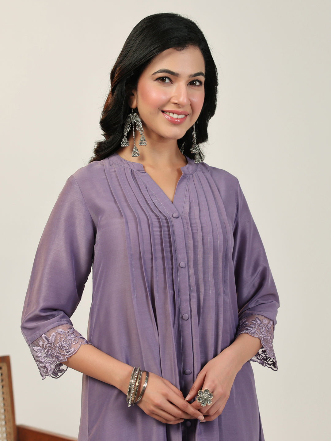 Lavender Muslin Pleated A-Line Kurta Set