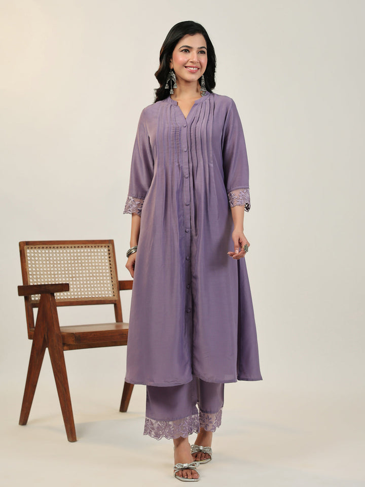 Lavender Muslin Pleated A-Line Kurta Set