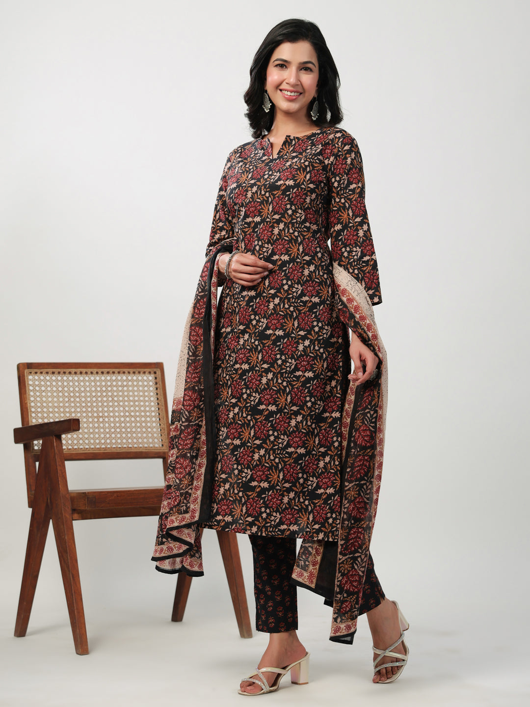 Black Cotton Floral Printed Kurta Set With Dupatta