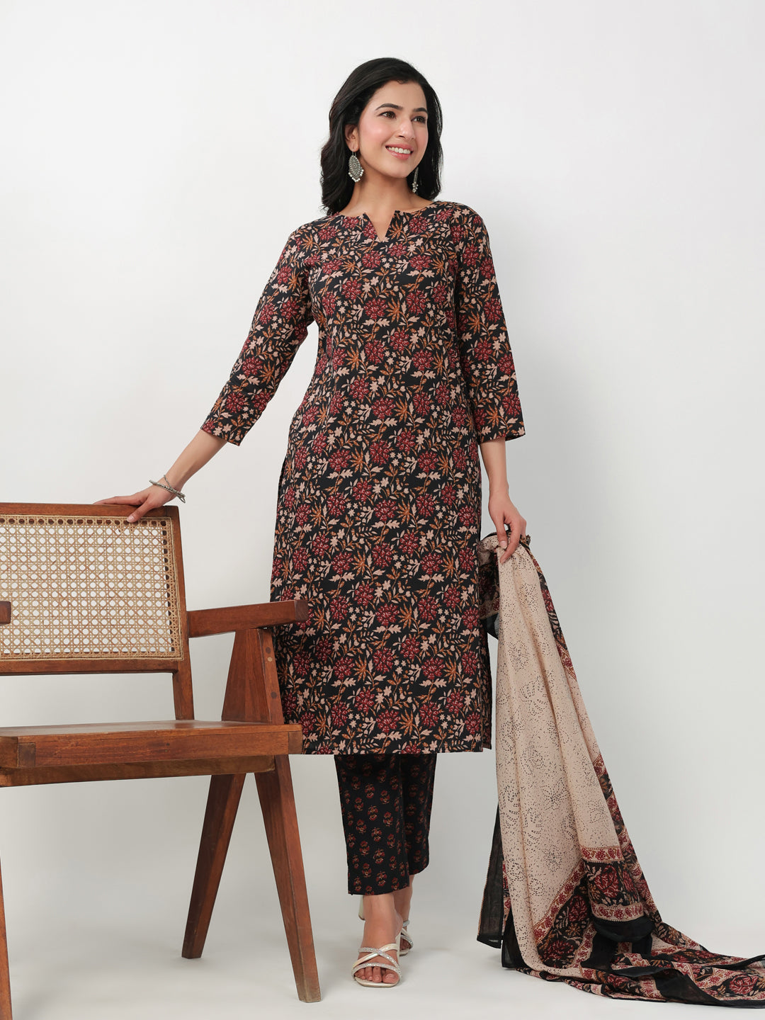 Black Cotton Floral Printed Kurta Set With Dupatta