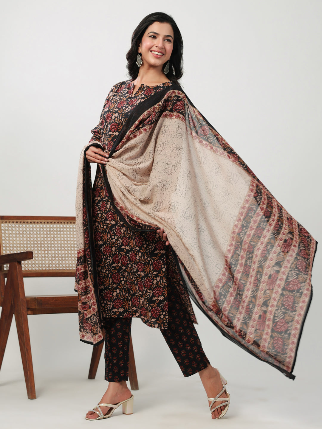 Black Cotton Floral Printed Kurta Set With Dupatta