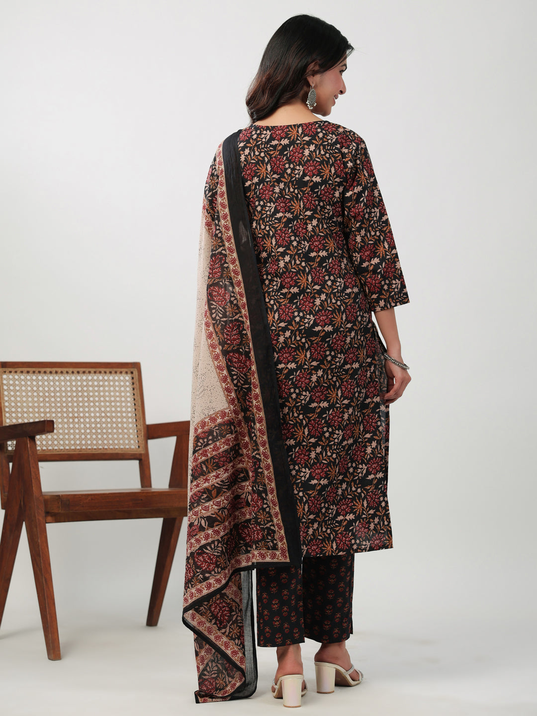 Black Cotton Floral Printed Kurta Set With Dupatta