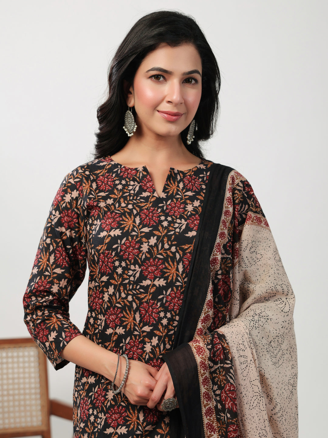 Black Cotton Floral Printed Kurta Set With Dupatta