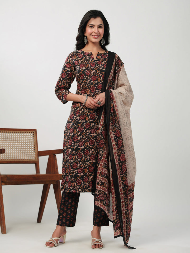 Black Cotton Floral Printed Kurta Set With Dupatta