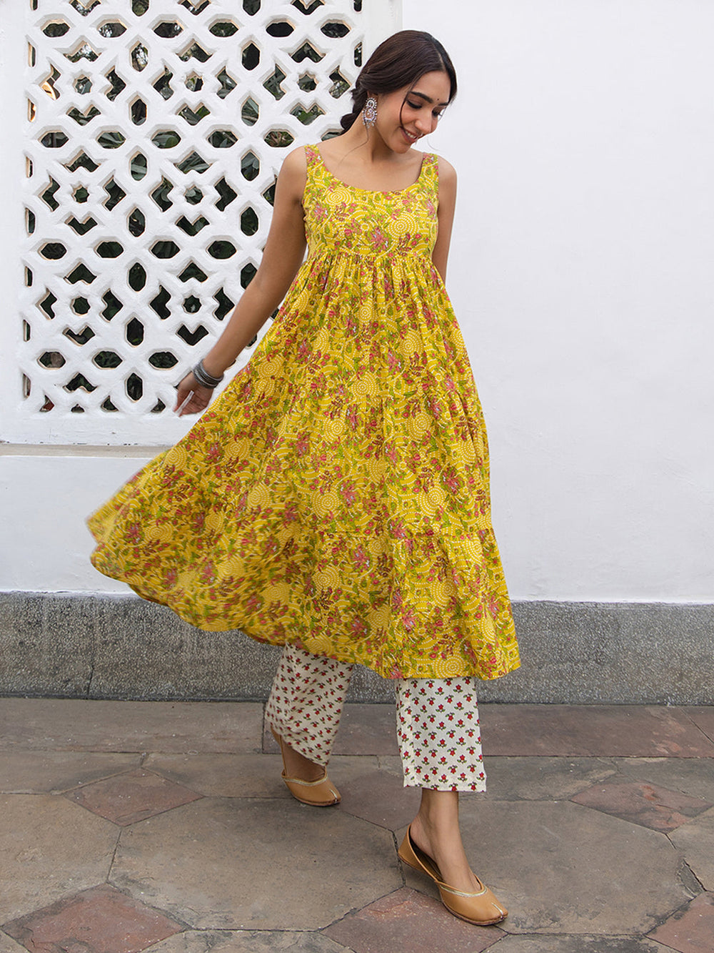 Mustard-Cotton-Floral-Gathered-Kurta-Set