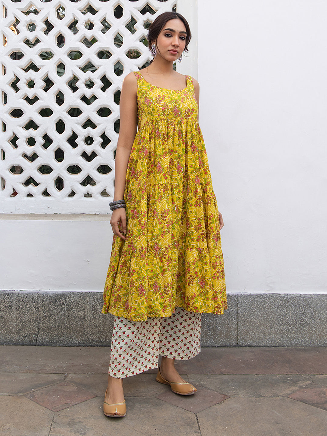 Mustard Cotton Floral Gathered Kurta Set