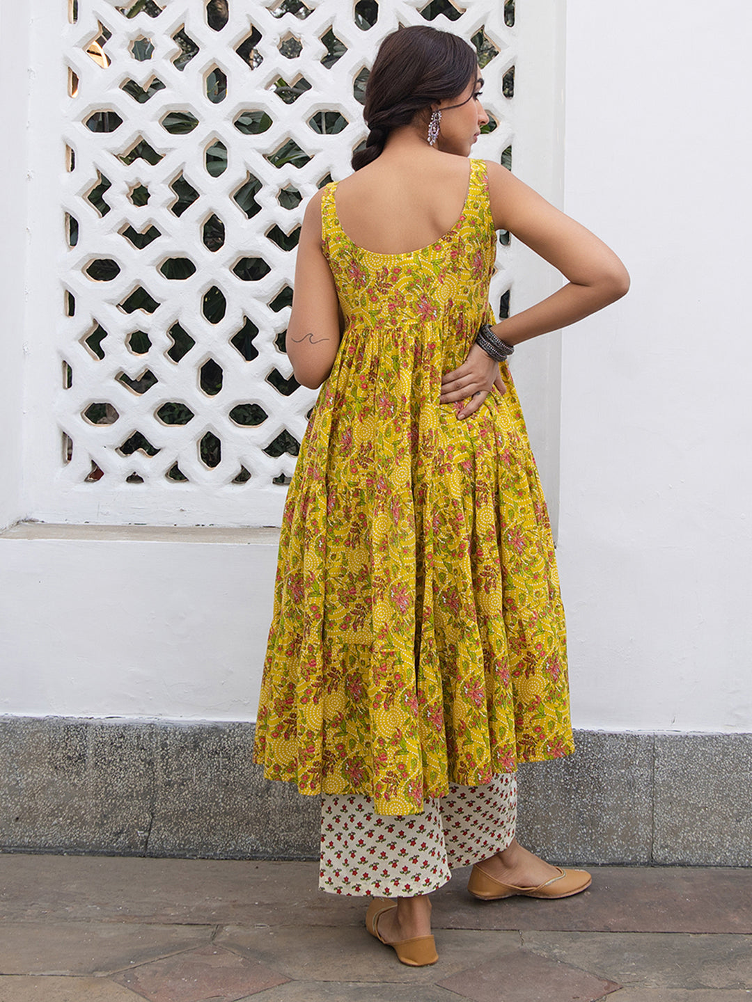 Mustard Cotton Floral Gathered Kurta Set