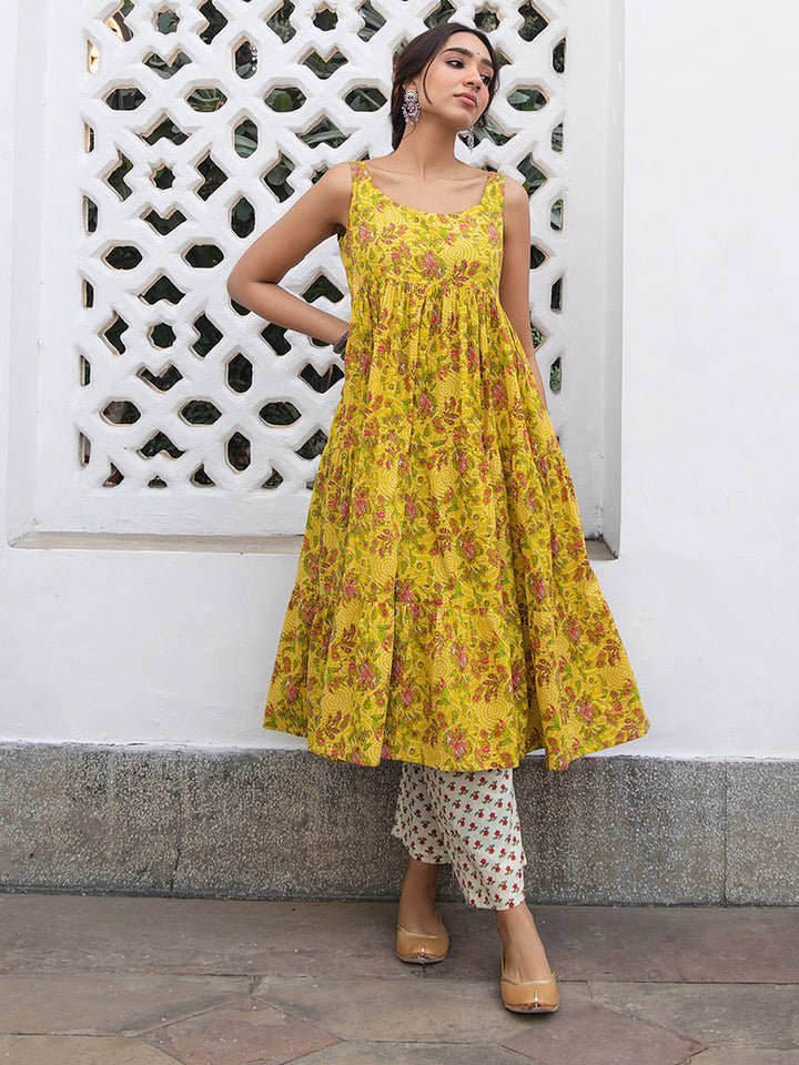 Mustard Cotton Floral Gathered Kurta Set