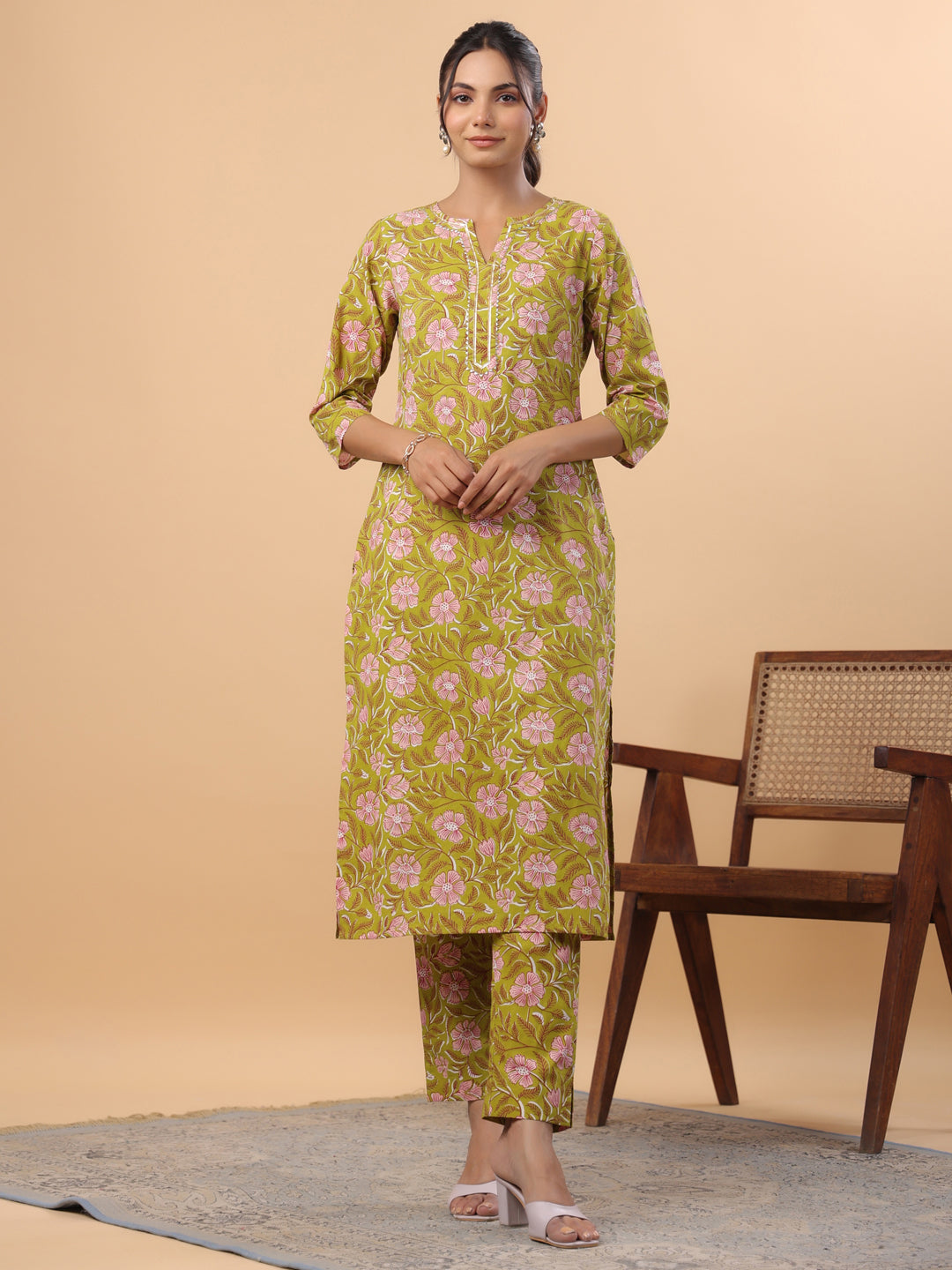 Lime Green Cotton Gota-Patti Kurta Set