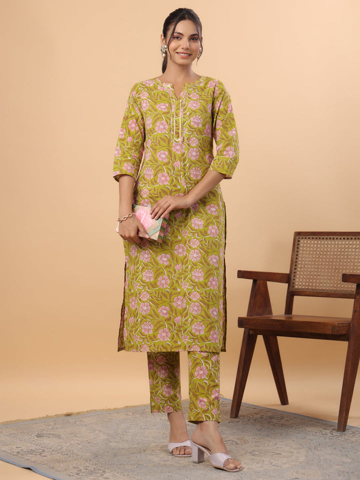 Lime Green Cotton Gota-Patti Kurta Set