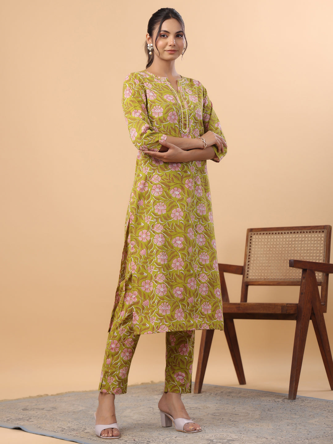 Lime Green Cotton Gota-Patti Kurta Set