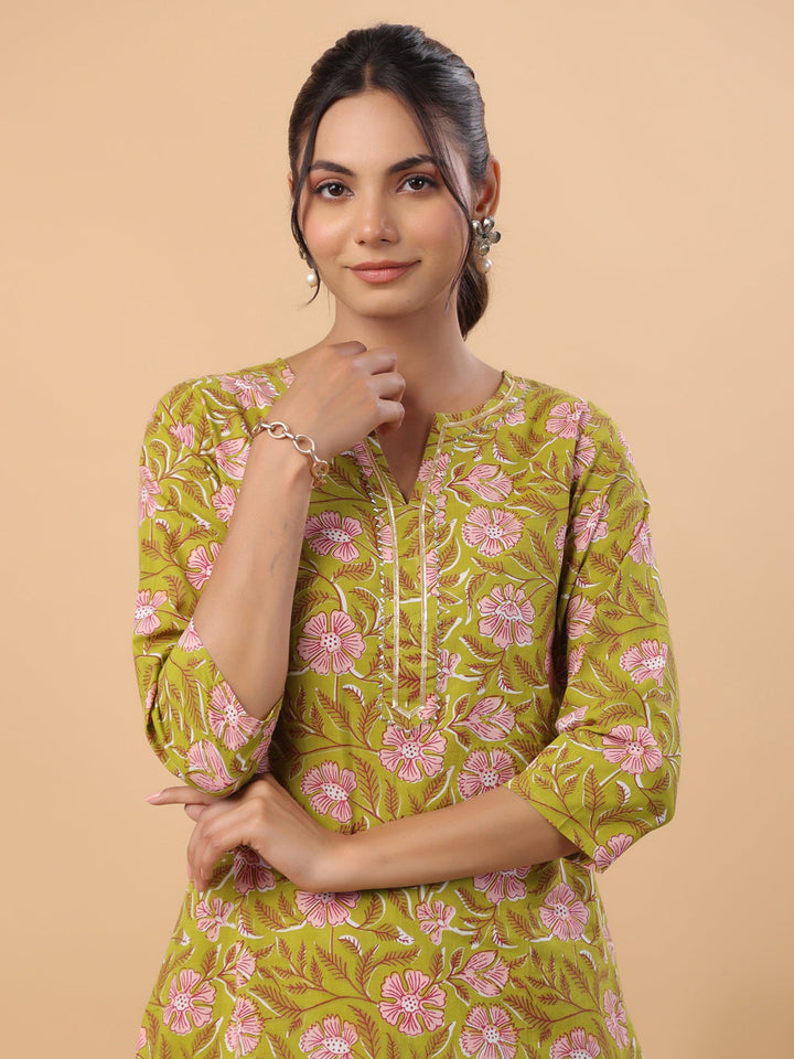 Lime Green Cotton Gota-Patti Kurta Set