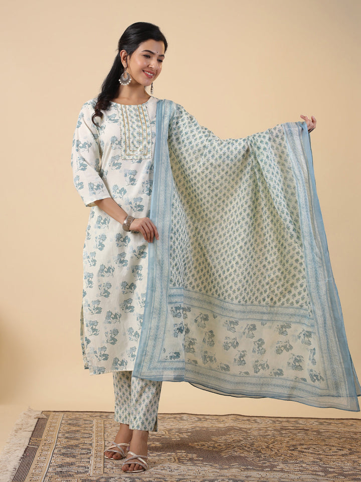 Cream Cotton Floral Straight Kurta Set With Dupatta