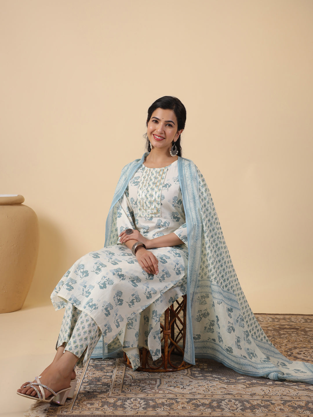 Cream Cotton Floral Straight Kurta Set With Dupatta