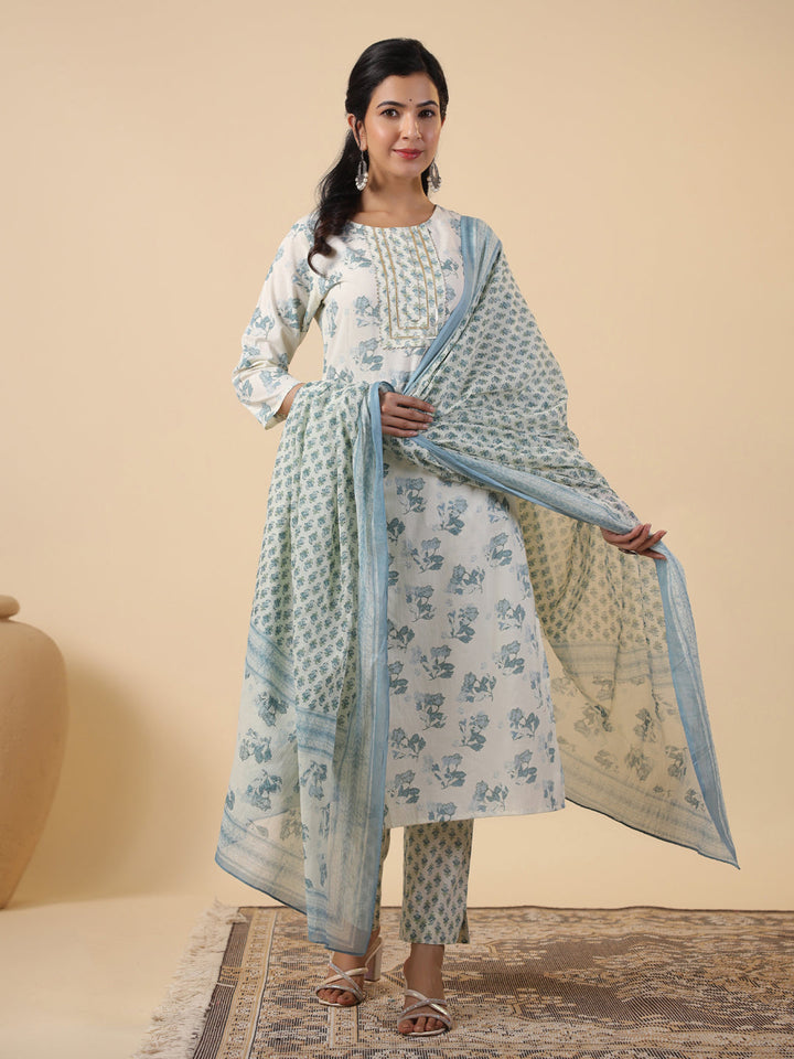 Cream Cotton Floral Straight Kurta Set With Dupatta