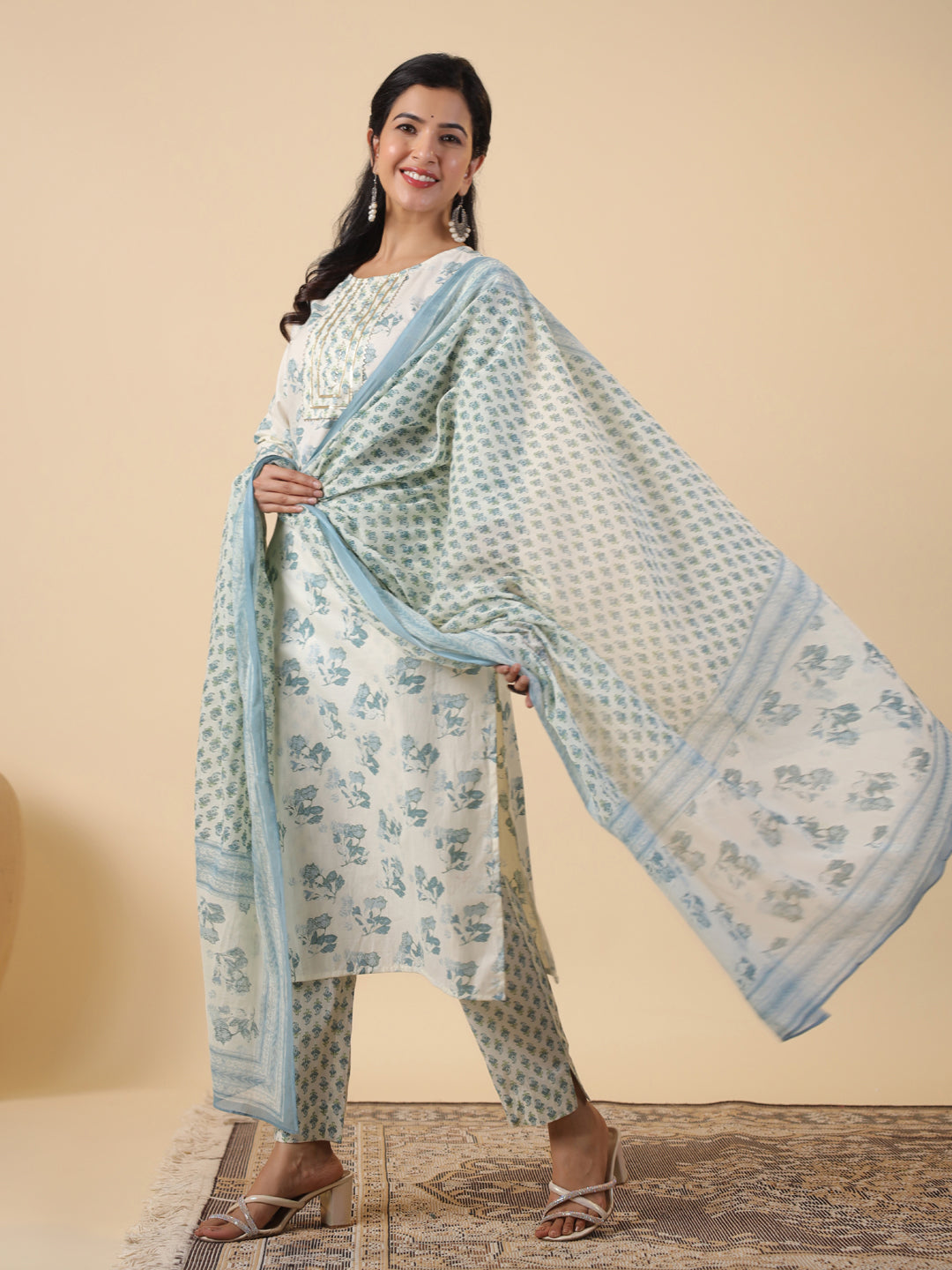 Cream Cotton Floral Straight Kurta Set With Dupatta