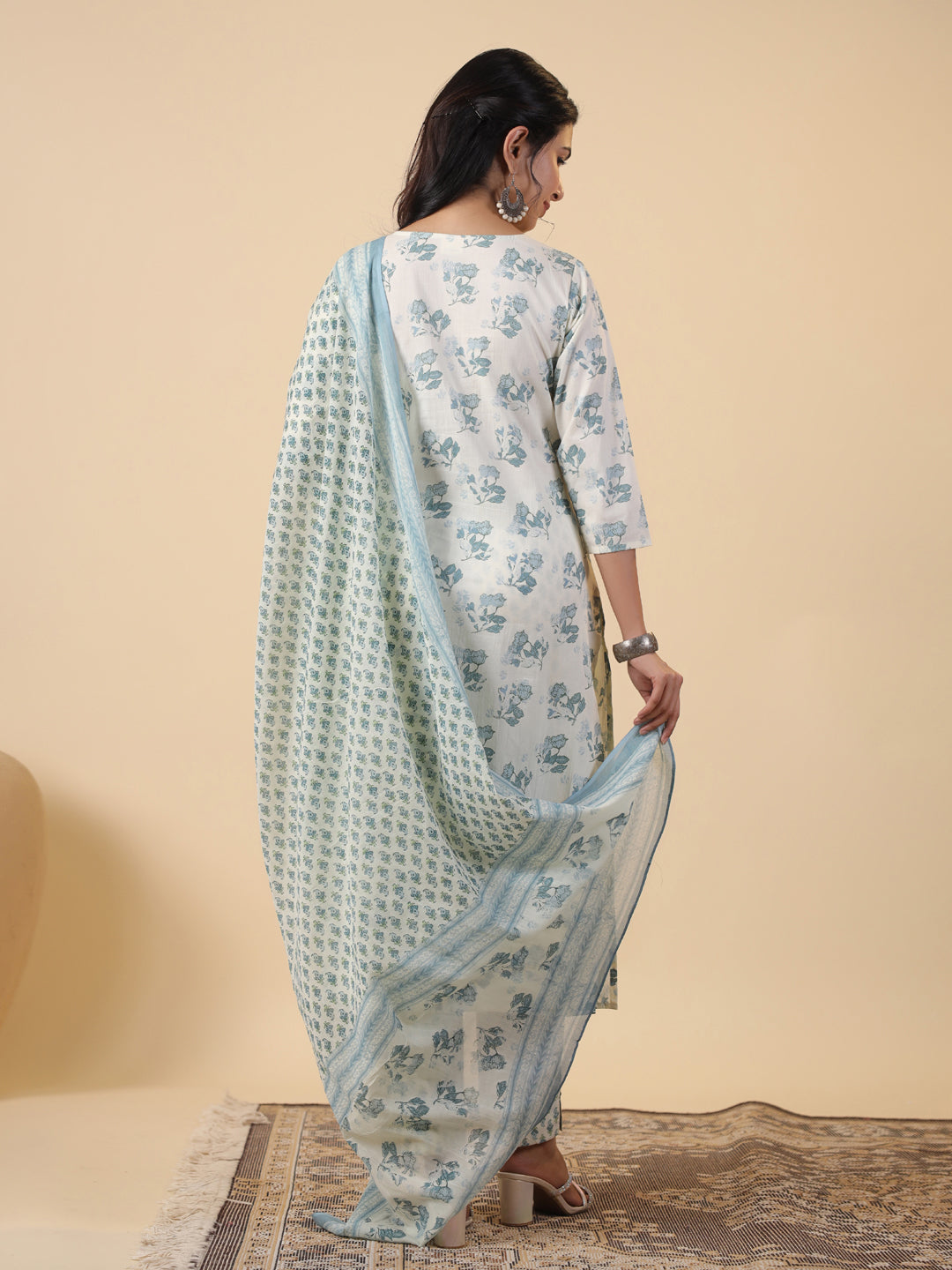 Cream Cotton Floral Straight Kurta Set With Dupatta